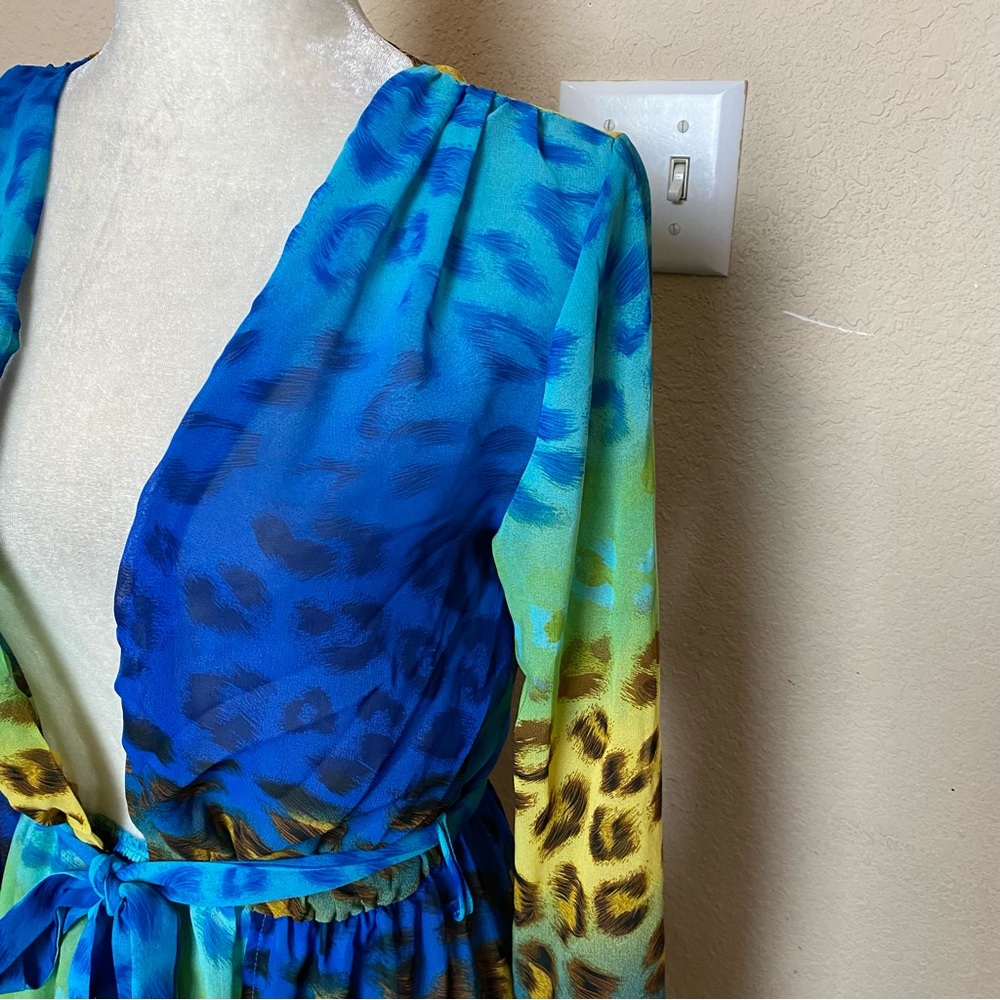 Moda Minx Dress Turquoise Leopard Print Long Sleeve Split Hem Maxi Size Small - Picture 4 of 10